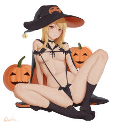  1girl arm_support arms_behind_back bell black_cape black_hat black_slingshot_swimsuit black_socks blonde_hair breasts cape closed_mouth full_body halloween_costume hat highres jack-o&#039;-lantern knees_apart_feet_together long_hair looking_at_viewer medium_breasts navel neck_bell orange_eyes pumpkin quilm sakura-sou_no_pet_na_kanojo shiina_mashiro signature simple_background sitting slingshot_swimsuit socks solo spread_legs swimsuit thighs white_background witch_hat 