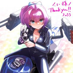  1girl aqua_eyes badluck2033 biker_clothes bikesuit bodysuit breasts cleavage commission gloves highres kantai_collection looking_at_viewer motor_vehicle motorcycle pink_hair ponytail shiranui_(kancolle) short_ponytail single_glove skeb_commission small_breasts solo suzuki_gsx-r1000 unzipped 