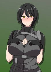  1girl absurdres alex_hendrickson belt black_hair blush bodysuit breasts brown_eyes cleavage cleavage_cutout clothing_cutout embarrassed female_focus gloves highres large_breasts looking_at_viewer military military_uniform namco paizuri_invitation pouch project_breakdown short_hair short_sleeves suitakaoka suspenders takaoka_ryou torn_clothes uniform vest  rating:Questionable score:8 user:Crosskin