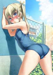 10s 1girl against_wall arched_back armpits asakura_mao ass bare_shoulders blonde_hair blue_eyes blush bosshi building bush cameltoe chain-link_fence cleft_of_venus cloud covered_erect_nipples day embarrassed fence flat_chest floral_print futabu hair_between_eyes hair_ribbon leaning_forward long_hair looking_at_viewer looking_back one-piece_swimsuit outdoors profile ribbon school school_swimsuit shadow sky solo spread_legs standing swimsuit tree twintails window rating:Questionable score:264 user:danbooru
