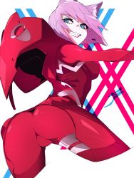 aetherion animal_ears ass blue_eyes bodysuit cameltoe cosplay darling_in_the_franxx fat_mons from_behind highres jetpack looking_back plugsuit red_bodysuit sharp_teeth shiny_clothes skin_tight smile snow_sos solo teeth white_hair zero_two_(darling_in_the_franxx)_(cosplay) rating:Questionable score:58 user:dionysos