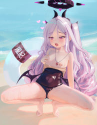  1girl absurdres ahoge areola_slip bandaid bandaids_on_nipples beach blue_archive blush breasts clothes_pull collarbone demon_horns demon_wings female_focus full_body hair_ornament hairclip halo hand_on_own_chest heart highres hina_(blue_archive) hina_(swimsuit)_(blue_archive) horns hsch innertube jewelry loli long_hair looking_down low_wings multiple_horns necklace official_alternate_costume one-piece_swimsuit_pull open_mouth outdoors parted_bangs pasties purple_eyes purple_hair school_swimsuit small_breasts solo spread_legs squatting swim_ring swimsuit teeth tongue tongue_out upper_teeth_only very_long_hair water wet wings  rating:Questionable score:92 user:danbooru