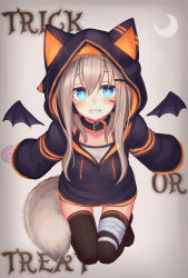 1girl animal_ears animal_hood bad_id bad_pixiv_id bandages bandaged_head bandaged_leg bandages bat_wings blue_eyes candy child collar commentary_request crescent animal_collar dog_tail english_text facepaint food grin halloween highres hood hood_up hoodie light_brown_hair lollipop long_sleeves original reitou_mikan smile swirl_lollipop tail thighhighs trick_or_treat wings rating:Sensitive score:6 user:danbooru