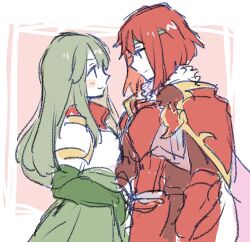  2girls armor breastplate closed_mouth dress elbow_gloves fire_emblem fire_emblem:_mystery_of_the_emblem gloves green_dress green_gloves green_hair long_hair looking_at_another mbkmmm minerva_(fire_emblem) multiple_girls nintendo palla_(fire_emblem) red_armor red_hair short_hair shoulder_armor sidelocks smile 