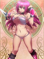  1girl anime_screenshot between_breasts bikini bikini_warriors breasts cleavage fighter_(bikini_warriors) large_breasts lipstick long_hair makeup navel pink_eyes pink_hair red_lips smile solo stitched swimsuit sword third-party_edit weapon 