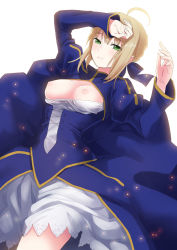 1girl ahoge artoria_pendragon_(fate) bad_id bad_pixiv_id blonde_hair blush breasts breasts_out dress fate/stay_night fate_(series) green_eyes highres musco nipples saber_(fate) shoulder_pads solo rating:Questionable score:21 user:danbooru