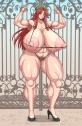  1girl abs armpits bikini braid breasts day fence full_body gigantic_breasts hat high_heels hong_meiling large_areolae long_hair micro_bikini muscular muscular_female nipples outdoors ponkotsu_(robolobo4956) red_hair shoes smile solo swimsuit thick_thighs thighs touhou twin_braids  rating:Questionable score:10 user:SlamJam35