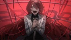  1girl black_shirt cg_gs6 coat collared_shirt commentary_request fangs hair_between_eyes hands_on_own_chest highres lab_coat long_hair long_sleeves looking_at_viewer necktie open_clothes open_mouth original red_background red_eyes red_hair shirt solo teeth tube upper_body very_long_hair white_coat white_necktie wide-eyed 