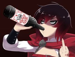  alcohol bags_under_eyes cslucaris dark_background drinking middle_finger multicolored_hair ruby_rose rwby grey_eyes  rating:Questionable score:33 user:Chupathingy