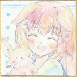  1girl animal animal_ears artist_name blush closed_eyes closed_mouth commentary english_commentary happy holding holding_animal holding_rabbit lico_(lico_sumire) long_hair open_mouth original painting_(medium) photo_(medium) pink_hair rabbit rabbit_ears sidelocks signature smile teeth traditional_media watercolor_(medium) white_background 