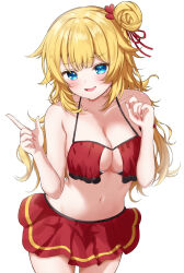  1girl :d absurdres akai_haato akai_haato_(hololive_summer_2019) bikini bikini_skirt blonde_hair blue_eyes blush breasts cleavage collarbone cowboy_shot fang hair_bun hair_ornament hands_up heart heart_hair_ornament highres hololive index_finger_raised large_breasts long_hair looking_at_viewer navel official_alternate_costume open_mouth red_bikini red_nails red_ribbon red_skirt ribbon rinkaa_(lovelive765pro2) simple_background skirt smile solo stomach swimsuit very_long_hair virtual_youtuber white_background 