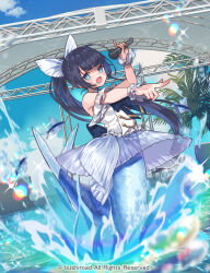  1girl :d animal bare_shoulders black_hair blue_eyes blue_hair blue_sky blush cardfight!!_vanguard character_request cloud commentary_request day fang fish flying_fish frilled_shirt frills hand_up holding holding_microphone long_hair looking_at_viewer microphone miyoshino multicolored_hair official_art open_mouth outdoors outstretched_arm pointing ponytail see-through shirt sky sleeveless sleeveless_shirt smile solo splashing two-tone_hair very_long_hair water white_shirt wrist_cuffs 