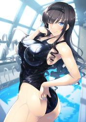 1girl amagami ass backlighting black_hair black_one-piece_swimsuit blue_eyes blurry commentary_request commission cowboy_shot depth_of_field drill_hair drill_sidelocks from_side hair_between_eyes hairband hassen_(8cm) indoors long_hair looking_at_viewer morishima_haruka one-piece_swimsuit one_eye_closed pool pool_ladder rei_no_pool school_swimsuit sidelocks skeb_commission solo swimsuit thighs rating:Sensitive score:35 user:danbooru