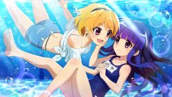  2girls :3 air_bubble breasts bubble eye_contact floating_hair furude_rika hand_on_another&#039;s_cheek hand_on_another&#039;s_face happy highres higurashi_no_naku_koro_ni higurashi_no_naku_koro_ni_mei hime_cut houjou_satoko interlocked_fingers long_hair looking_at_another medium_hair multiple_girls non-web_source official_art pool purple_eyes purple_hair school_swimsuit shirt shorts small_breasts smile soles swimsuit tied_shirt underwater water whale_tail_(clothing) yuri 