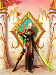  armor blonde_hair blood_elf_(warcraft) book elf green_eyes highres pointy_ears solo sword warcraft weapon wei world_of_warcraft 