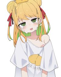  1girl absurdres bandaid bandaids_on_nipples blush breasts clothes_writing crying crying_with_eyes_open double_bun green_eyes hair_bun hair_ribbon highres indie_virtual_youtuber long_hair looking_at_viewer luke_(dydansgur) medium_breasts multicolored_hair off_shoulder open_mouth orange_hair pasties red_ribbon ribbon runny_nose shirt short_sleeves simple_background snot solo tamura_mikan tears upper_body virtual_youtuber white_background white_shirt 