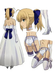  1girl artoria_pendragon_(fate) bow dress fate/stay_night fate/unlimited_blade_works fate_(series) garter_belt high_heels lingerie panties saber_(fate) simple_background thighhighs ufotable underwear wedding_dress  rating:Questionable score:44 user:Summon_Knight
