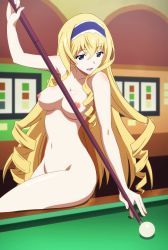  10s 1girl ball billiards blonde_hair blue_eyes blush breasts cecilia_alcott cue_stick drill_hair female_focus headdress highres infinite_stratos lips long_hair navel nipples nude nude_filter pool_table solo table third-party_edit  rating:Questionable score:77 user:sytalidis