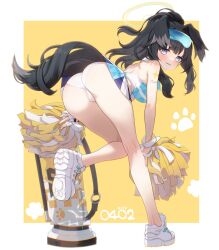 1girl animal_ears ass black_hair blue_archive blue_eyes blush breasts cheerleader dated dog_ears dog_tail extra_ears eyewear_on_head facial_mark flower full_body halo hato_haru hibiki_(blue_archive) hibiki_(cheer_squad)_(blue_archive) highres holding holding_pom_poms kneepits long_hair looking_at_viewer medium_breasts millennium_cheerleader_outfit_(blue_archive) official_alternate_costume open_mouth panties pom_pom_(cheerleading) pom_poms safety_glasses shoes sneakers solo star_(symbol) tail underwear white_flower white_panties yellow_halo 