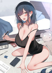  1girl alarm_clock bare_legs bed bed_sheet black_bra black_camisole black_hair blanket blue_hair bra breasts camisole cleavage clock collarbone commentary_request ear_piercing eraser grey_eyes hand_on_floor highres holding holding_pen indoors large_breasts long_hair looking_at_viewer mature_female multicolored_hair on_floor open_mouth original paper pen pencil piercing pillow sagging_breasts sitting solo strap_slip stuffed_animal stuffed_toy two-tone_hair underwear unworn_bra wariza yuzuki_himuka 