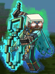  absurdres alternate_color alternate_costume alternate_hair_color alternate_weapon aura blue_gemstone chest_jewel commentary corruption crescent crossover dark_persona double_helix english_commentary facial_tattoo fierce_deity gem gloves glowing glowing_eyes highres holding holding_sword holding_weapon looking_to_the_side minecraft nintendo no_pupils possessed steve_(minecraft) stoic_seraphim super_smash_bros. sword tattoo the_legend_of_zelda the_legend_of_zelda:_majora&#039;s_mask triangle weapon white_eyes white_hair 
