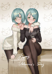 2girls arm_around_shoulder arm_support bad_id bad_pixiv_id bang_dream! bare_shoulders black_sweater blush bow braid brown_legwear closed_mouth collarbone commentary cup dress drinking_glass fingernails green_eyes green_hair hair_between_eyes hair_bow happy_valentine heart hikawa_hina hikawa_sayo holding holding_cup long_hair multiple_girls nail_polish off-shoulder off-shoulder_sweater off_shoulder pantyhose red_nails siblings single_braid sisters sitting sleeves_past_wrists smile smoke standing sweater sweater_dress symbol-only_commentary twins white_sweater yellow_bow yurichtofen rating:Sensitive score:15 user:danbooru