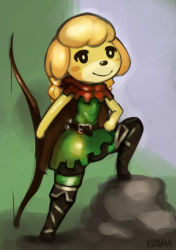  1girl alternate_hairstyle animal_crossing animal_ears belt blonde_hair blush_stickers boots bow_(weapon) braid cape cosplay dog_ears dog_girl dragon&#039;s_crown elf_(dragon&#039;s_crown) elf_(dragon&#039;s_crown)_(cosplay) furry furry_female isabelle_(animal_crossing) leg_up nintendo rock smile solo thigh_boots thighhighs tunic twin_braids weapon xdraws 