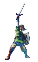 1boy absurdres armor chainmail full_body green_shirt hat highres link male_focus master_sword nintendo official_art pointy_ears shield shirt solo sword the_legend_of_zelda the_legend_of_zelda:_skyward_sword weapon rating:Sensitive score:12 user:forum