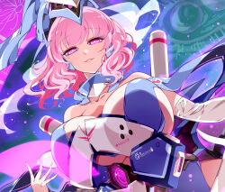  1girl breasts bug butterfly cannon cherry_blossoms cleavage ghost headgear highres hitodama insect large_breasts looking_at_viewer mecha_musume mechanical_wings pink_eyes pink_hair raptor7 saigyouji_yuyuko saigyouji_yuyuko&#039;s_fan_design science_fiction short_hair smile solo thrusters touhou triangular_headpiece wavy_hair wings 
