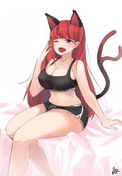  1girl alternate_costume alternate_hairstyle animal_ears ass bed bed_sheet black_shorts blush bra breasts cat_ears cat_girl cat_tail curvy kaenbyou_rin large_breasts long_hair mandarok1149 multiple_tails open_mouth pointy_ears red_eyes red_hair short_shorts shorts sports_bra sportswear tail thick_thighs thighs touhou two_tails underwear  rating:Sensitive score:23 user:Sussh22.
