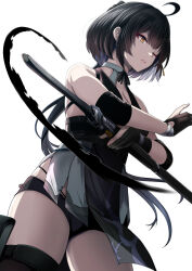  1girl black_dress black_gloves black_hair black_shorts breasts cleavage colored_inner_hair daiaru dress elbow_pads eyeliner female_rover_(wuthering_waves) gloves grey_hair hair_ornament hairclip highres holding holding_sword holding_weapon long_hair looking_ahead low_ponytail makeup medium_breasts micro_shorts multicolored_hair one_eye_closed parted_lips partially_fingerless_gloves red_eyeliner rover_(wuthering_waves) sheath sheathed shorts simple_background solo sword two-tone_hair weapon white_background wuthering_waves yellow_eyes 