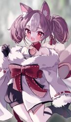 1girl :d animal_ear_fluff animal_ears arm_at_side bare_shoulders bell black_gloves black_shirt black_shorts black_socks blurry blurry_background blush bow braid brown_hair collar detached_collar eyelashes fang foot_up fur-trimmed_kimono fur-trimmed_sleeves fur_trim gloves hair_between_eyes hand_up japanese_clothes jingle_bell karunabaru kimono long_sleeves looking_at_viewer multicolored_hair multiple_tails neck_bell off_shoulder open_mouth red_bow red_collar red_eyes sandals sekka_(shadowverse) shadowverse shirt short_hair short_kimono shorts side_braid skin_fang sleeves_past_wrists smile socks solo strapless strapless_shirt tail twintails waist_bow white_hair white_kimono