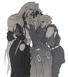  1girl 2boys aged_down arm_armor armor belt blue_eyes boy_sandwich breasts chin_rest cloud_strife expressionless final_fantasy final_fantasy_vii final_fantasy_vii_advent_children final_fantasy_vii_ever_crisis final_fantasy_vii_remake genderswap genderswap_(mtf) gloves greyscale hand_on_another&#039;s_back hand_on_another&#039;s_head head_on_head head_rest hetero high_collar holding_another&#039;s_wrist hug light_smile long_coat long_hair long_sleeves looking_at_another looking_down love_triangle monochrome moyanwxy multiple_belts multiple_boys parted_lips pauldrons sandwiched sephiroth shoulder_armor shoulder_strap simple_background sketch spiked_hair spot_color standing time_paradox upper_body very_long_hair vest waist_cape white_background 