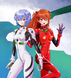  2girls :d \||/ absurdres aqua_background ayanami_rei blue_background blue_eyes blue_hair blush bodysuit breasts closed_mouth commentary cowboy_shot curled_fingers expressionless eyelashes gloves gradient_background hair_between_eyes highres interface_headset knee_up long_hair looking_at_viewer multiple_girls neon_genesis_evangelion open_mouth pilot_suit plugsuit purple_background red_bodysuit red_eyes red_hair short_hair side-by-side skin_tight small_breasts smile souryuu_asuka_langley standing standing_on_one_leg tomo115 w_arms waving white_background white_bodysuit white_gloves  rating:Sensitive score:2 user:danbooru