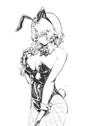  1girl absurdres animal_ears bow bowtie breasts cleavage cowboy_shot detached_collar facial_mark fake_animal_ears fake_tail fishnet_pantyhose fishnets greyscale highres holding holding_hair large_breasts leon_v leotard long_braid long_hair looking_down monochrome original pantyhose playboy_bunny rabbit_ears rabbit_tail simple_background sketch solo tail wrist_cuffs 