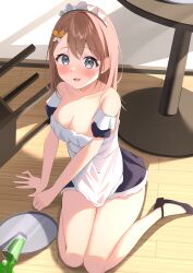  1girl absurdres alternate_costume apron bare_shoulders blush breasts brown_hair charl_414 cleavage cup drinking_glass grey_eyes hair_ornament hanasato_minori highres long_hair looking_at_viewer maid maid_headdress medium_breasts off_shoulder open_mouth project_sekai sitting solo table tray wariza wooden_floor 