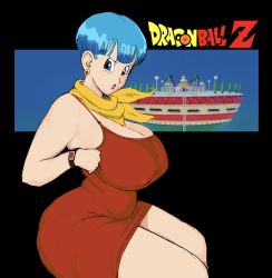  1girl :o adjusting_clothes adjusting_dress annoyed bare_shoulders black_background blue_eyes blue_hair blush breasts bulma cleavage copyright_name covered_erect_nipples dragon_ball dragonball_z dress earrings female_focus hands_up highres hoop_earrings huge_breasts jewelry legs light_blush looking_at_viewer mature_female open_mouth red_dress scarf short_hair simple_background sitting solo temple thick_thighs thighs ultivlad yellow_scarf  rating:Sensitive score:40 user:Ynyswydryn