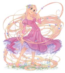  1girl absurdly_long_hair alexa_pasztor aqua_flower arm_at_side bare_legs barefoot blonde_hair blue_flower breasts closed_mouth collarbone contrapposto cross-laced_clothes disney dress facing_viewer fingernails floating_hair floral_print flower freckles full_body grass green_eyes hair_flower hair_ornament hand_up happy head_tilt highres juliet_sleeves lace lace-trimmed_dress lace_trim leaf legs_apart lips long_hair long_sleeves looking_afar orange_flower pink_flower pink_ribbon plant puffy_sleeves purple_dress purple_flower rapunzel_(disney) red_flower ribbon signature simple_background small_breasts smile solo standing standing_on_one_leg striped striped_sleeves tangled thick_eyebrows toenails very_long_hair white_background yellow_flower 