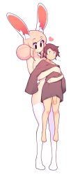 1boy 1girl age_difference animal_ear_fluff animal_ears barefoot breasts brown_hair carrying carrying_person clothed_male_nude_female commentary english_commentary fiz_(fizintine) fizintine full_body hair_bun heart hetero highres hug large_breasts large_penis no_pants no_pupils nude original oversized_clothes penis pink_hair rabbit_ears rabbit_girl shota side_bun simple_background single_side_bun size_difference sleeves_past_fingers sleeves_past_wrists smile standing teenage_girl_and_younger_boy thighhighs uncensored white_background white_thighhighs rating:Explicit score:245 user:danbooru
