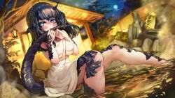  1girl animal_ears black_hair blue_eyes blush braid breasts commission covered_mouth crown_braid dragon_girl dragon_tail dutch_angle eyelashes feet_out_of_frame full_moon hand_to_mouth hands_up horns knees_up lantern large_breasts long_hair looking_at_viewer melaton moon naked_towel night night_sky onsen original outdoors rock scales sitting skeb_commission sky slit_pupils soaking_feet solo steam tail tail_raised towel water wet white_towel 