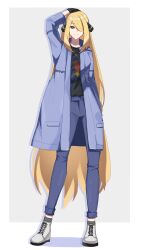  1girl absurdres alternate_costume arm_up black_gloves black_shirt blonde_hair blue_coat blue_pants border casual coat creatures_(company) cynthia_(pokemon) full_body game_freak garchomp gen_4_pokemon gloves grey_eyes hair_ornament hair_over_one_eye highres jewelry light_smile long_hair looking_at_viewer necklace nintendo pants pokemon pokemon_dppt print_shirt shifatur17 shirt shirt_tucked_in shoes solo standing very_long_hair white_border 