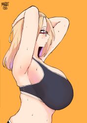  1girl armpits arms_behind_head arms_up artist_name bangs_pinned_back bare_arms black_sports_bra blonde_hair blue_eyes breasts curvy folded_hair from_side glasses hair_pulled_back highres huge_breasts inne_sulistya_robin long_hair midriff norman_maggot orange_background original pink_hair profile sideboob solo sports_bra upper_body 