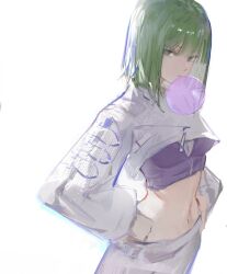  1girl absurdres arknights blowing_bubbles chewing_gum commentary_request cowboy_shot crop_top cropped_jacket ela_(rainbow_six_siege) ela_(safehouse)_(rainbow_six_siege) green_eyes green_hair hands_on_own_hips highres jacket long_sleeves looking_at_viewer medium_hair midriff navel official_alternate_costume pants purple_shirt rainbow_six_siege shijiubashuazi shirt simple_background solo white_background white_jacket white_pants 