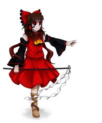  1girl aimturein alternate_costume angry black_eyes black_sclera black_sleeves boots bow brown_hair colored_sclera commentary detached_sleeves english_commentary female_focus frilled_bow frills full_body glowing glowing_eyes gohei hair_bow hakurei_reimu highres kaijuu koishi_komeiji&#039;s_heart-throbbing_adventure long_hair monster neckerchief nontraditional_miko red_bow scarf simple_background solo space_kaiju tattoo touhou white_background  rating:Sensitive score:3 user:danbooru