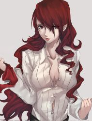  blouse breasts cleavage collared_shirt grey_background highres kirijou_mitsuru large_breasts long_hair looking_at_viewer open_clothes open_shirt persona persona_3 pertex_777 red_eyes red_hair shirt simple_background solo swept_bangs white_shirt  rating:Sensitive score:34 user:wilmanwdk