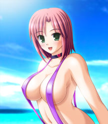  1girl :d armpits blush breasts choker cleavage cloud day green_eyes large_breasts looking_at_viewer nak_yama nipples open_mouth red_hair rio_rollins short_hair sky slingshot_swimsuit smile solo super_blackjack swimsuit  rating:Questionable score:16 user:patachon