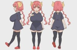  1girl breasts character_sheet dragon_girl full_body horns huge_breasts ilulu_(maidragon) kobayashi-san_chi_no_maidragon long_hair looking_at_viewer low_twintails multiple_views official_art open_mouth pink_hair pointy_ears sharp_teeth shortstack simple_background sweat teeth twintails  rating:Sensitive score:79 user:fakyuh