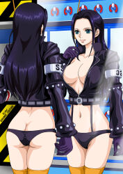  1girl 2024 artist_logo artist_name ass black_hair black_jacket blue_eyes breasts butt_crack egghead_island english_text female_focus highres jacket large_breasts long_hair navel nico_robin nico_robin_(egghead) one_piece orange_couture panties reflection revealing_clothes rider_(orange_couture) smile solo text_focus translation_request underwear  rating:Questionable score:34 user:DarthDaniel96