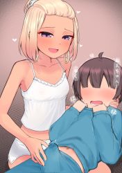  1boy 1girl age_difference bangs_pinned_back blonde_hair blush breasts bulge collarbone commentary_request earrings erection erection_under_clothes faceless faceless_male handjob handjob_over_clothes heart hetero highres hoop_earrings jewelry navel nona_(yeun) onee-shota open_mouth original purple_eyes short_hair shota small_breasts smile sweat yeun  rating:Explicit score:627 user:danbooru