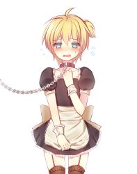  1boy alternate_costume aqua_eyes bad_id bad_pixiv_id blonde_hair blush collar cowboy_shot enmaided flying_sweatdrops frills garter_straps highres kagamine_len leash looking_at_viewer maid male_focus one_side_up open_mouth redherb short_hair solo sweatdrop tears thighhighs trap vocaloid white_background wrist_cuffs  rating:Sensitive score:42 user:danbooru